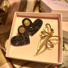 Load image into Gallery viewer, Cosmic Black Glitter Happy Hearts &amp; Golden Angel Wings
